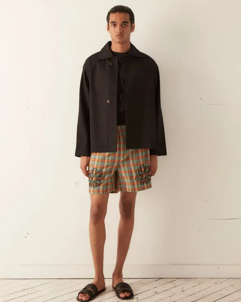 Men BODE Beaded Floral Madras Shorts - Blue