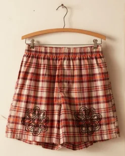Men BODE Beaded Floral Madras Shorts - Red