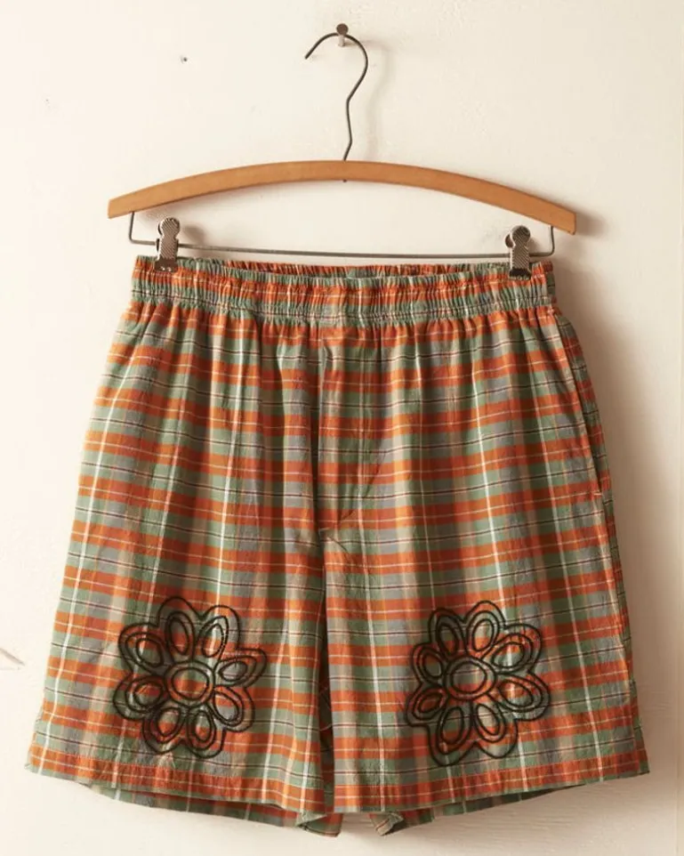 Men BODE Beaded Floral Madras Shorts - Blue