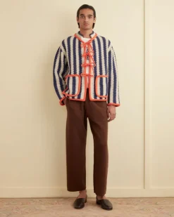 Men BODE Bold Stripe Cardigan - Blue/Cream
