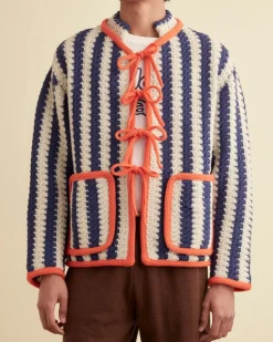 Men BODE Bold Stripe Cardigan - Blue/Cream