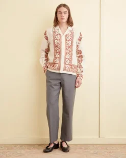 Men BODE Cross-Stitched Rose Garland Long Sleeve Shirt