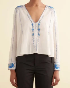 Women BODE Embroidered Cornflower Top