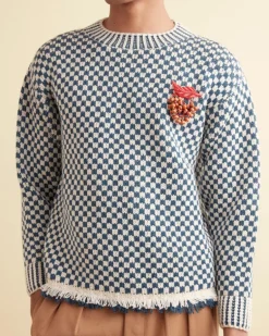 Men BODE Fringe Check Pullover - Blue
