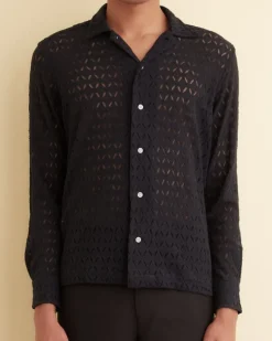 Men BODE Lattice Lace Long Sleeve Shirt - Black