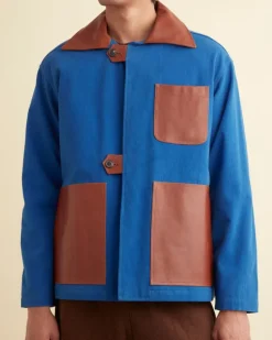 Men BODE Leather Tab Jacket - Tan/Blue
