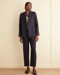 Men BODE Linen Double-Breasted Suit Jacket - Navy