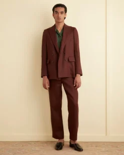 Men BODE Linen Double-Breasted Suit Jacket - Chocolate