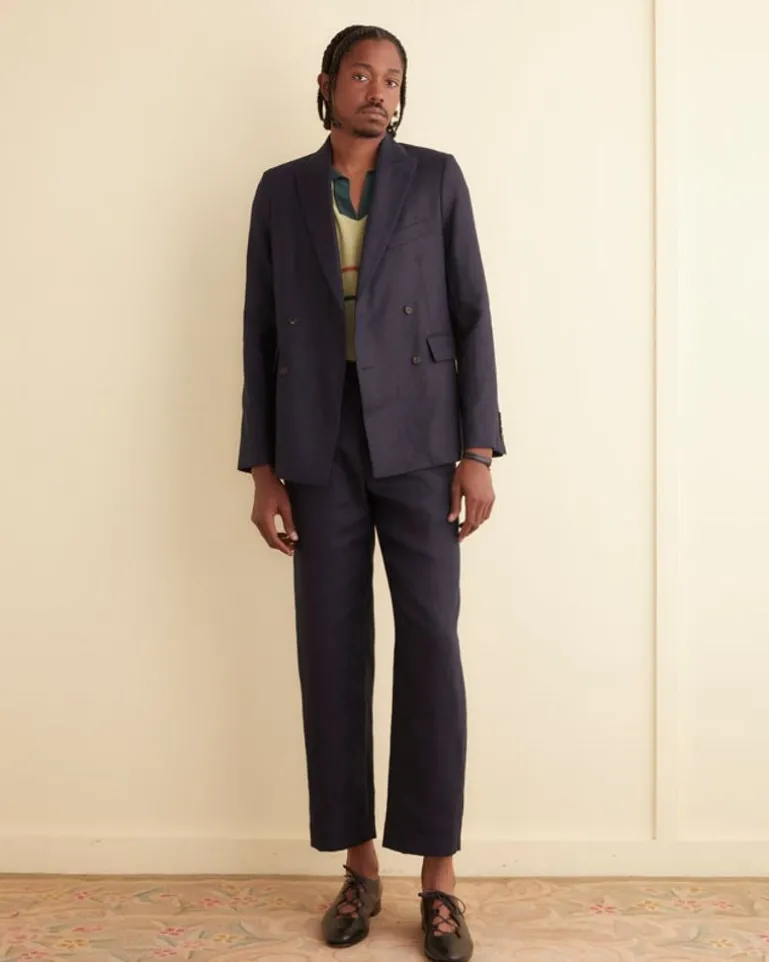 Men BODE Linen Double-Breasted Suit Jacket - Navy