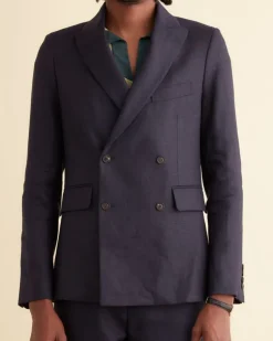 Men BODE Linen Double-Breasted Suit Jacket - Navy