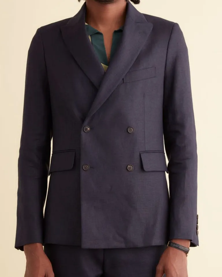 Men BODE Linen Double-Breasted Suit Jacket - Navy