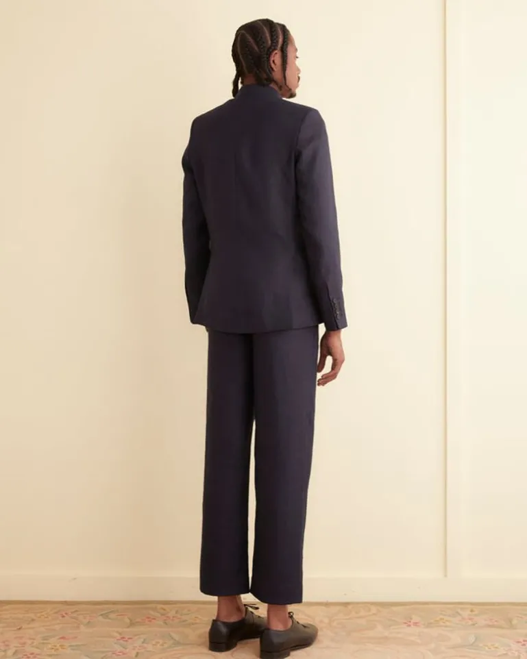 Men BODE Linen Double-Breasted Suit Jacket - Navy