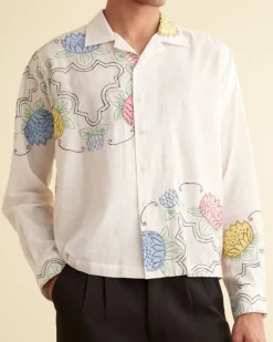 Men BODE Patchwork Lotus Long Sleeve Shirt