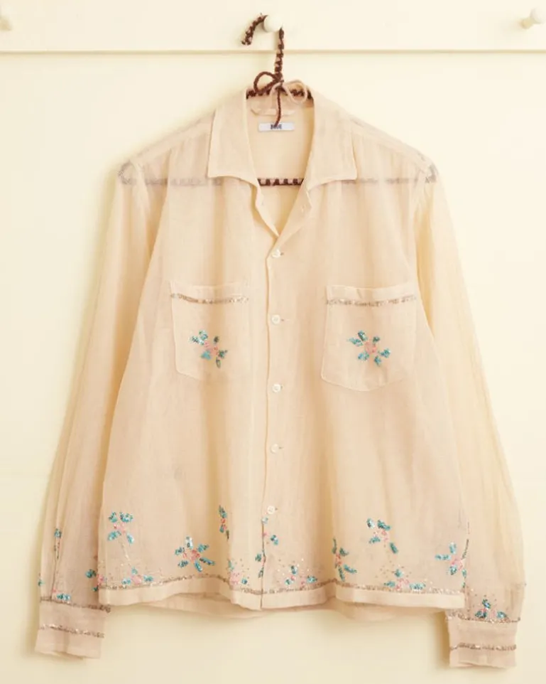 Men BODE Sequined Floral Net Long Sleeve Shirt