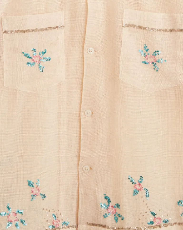 Men BODE Sequined Floral Net Short Sleeve Shirt