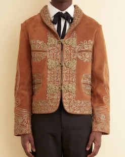 Men BODE Suede Shawl Couching Jacket