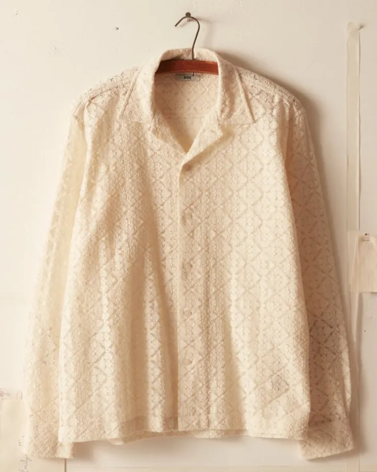 Men BODE Tile Lace Long Sleeve Shirt - Ecru