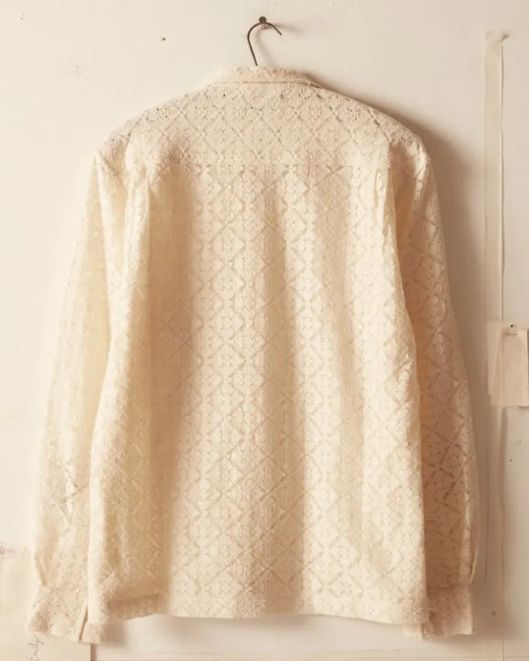 Men BODE Tile Lace Long Sleeve Shirt - Ecru